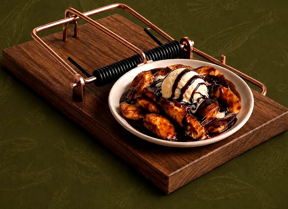 Caramelised bananas with ice cream, served on a wooden board